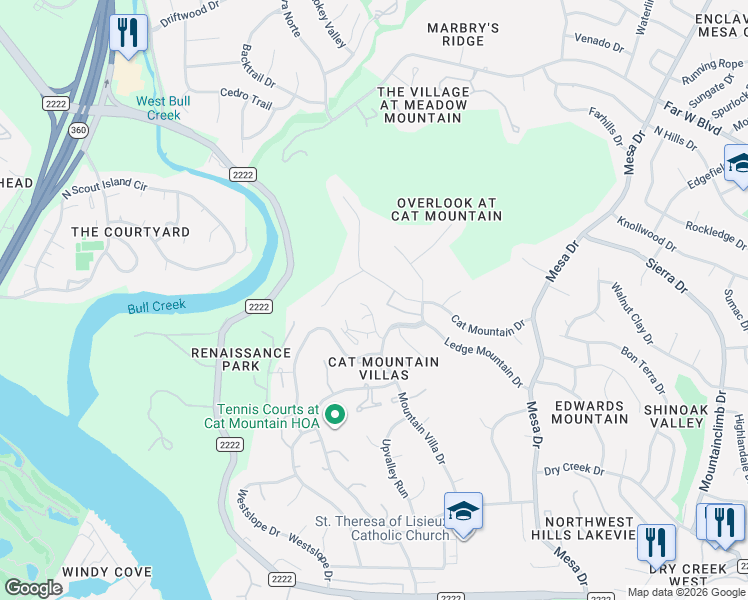 map of restaurants, bars, coffee shops, grocery stores, and more near 6109 Mountain Villa Circle in Austin