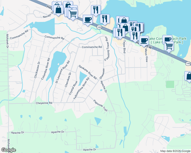 map of restaurants, bars, coffee shops, grocery stores, and more near 1011 Spokane River Road in Montgomery