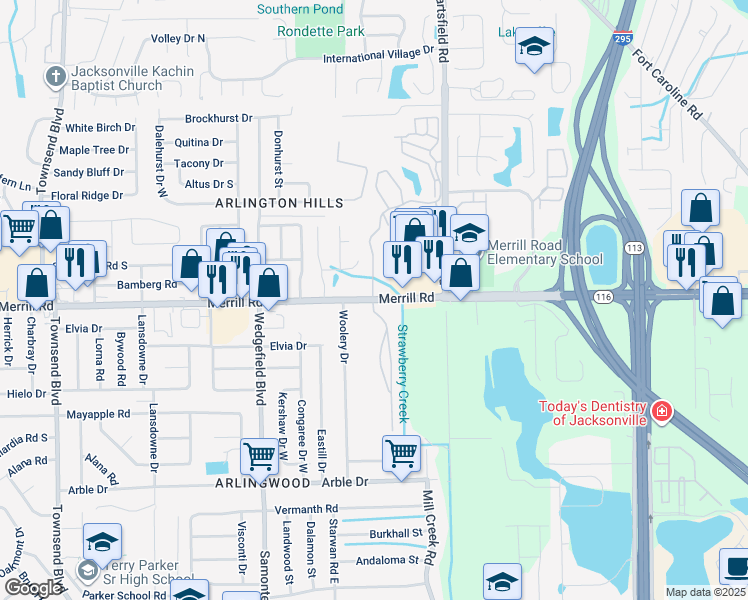 map of restaurants, bars, coffee shops, grocery stores, and more near 7926 Merrill Road in Jacksonville