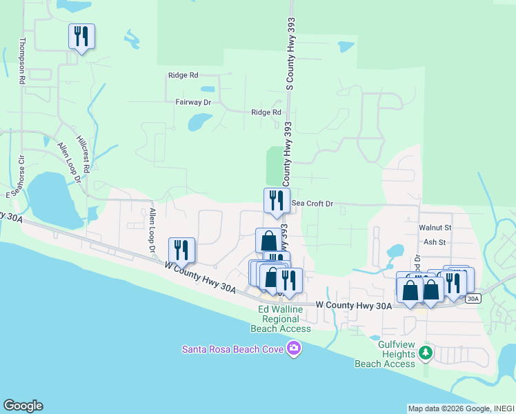 map of restaurants, bars, coffee shops, grocery stores, and more near 381 Sea Winds Drive in Santa Rosa Beach