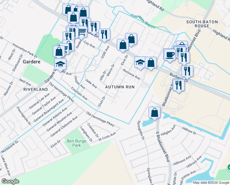 map of restaurants, bars, coffee shops, grocery stores, and more near 8817 Pecan Tree Drive in Baton Rouge