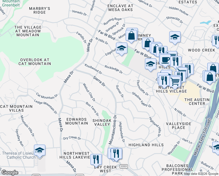 map of restaurants, bars, coffee shops, grocery stores, and more near 6602 Sumac Drive in Austin
