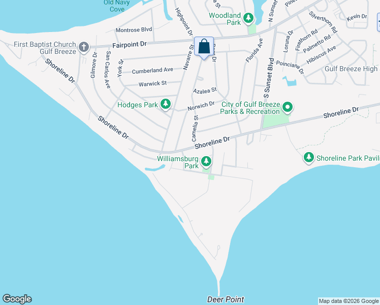 map of restaurants, bars, coffee shops, grocery stores, and more near 301 Shoreline Drive in Gulf Breeze