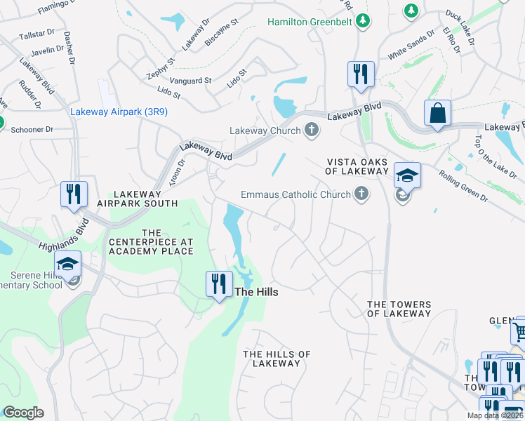 map of restaurants, bars, coffee shops, grocery stores, and more near 514 Luna Vista Drive in The Hills