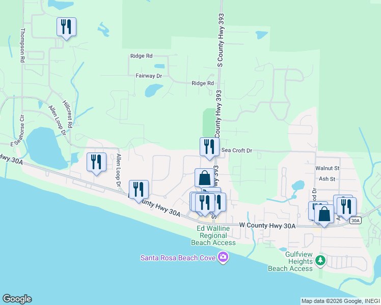 map of restaurants, bars, coffee shops, grocery stores, and more near 381 Sea Winds Drive in Santa Rosa Beach