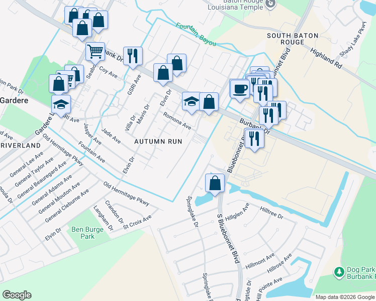 map of restaurants, bars, coffee shops, grocery stores, and more near 9141 Parkway Drive in Baton Rouge