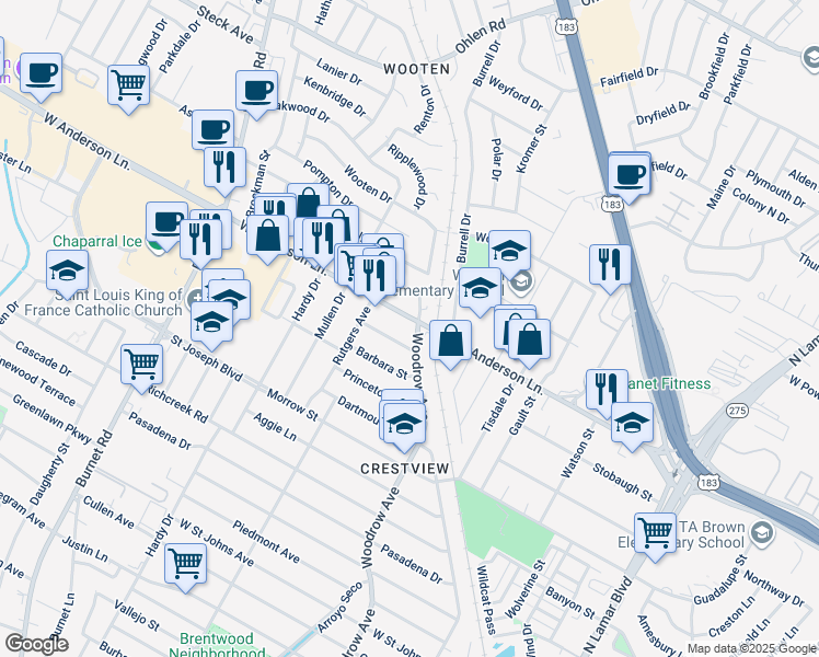 map of restaurants, bars, coffee shops, grocery stores, and more near 1701 W Anderson Ln in Austin