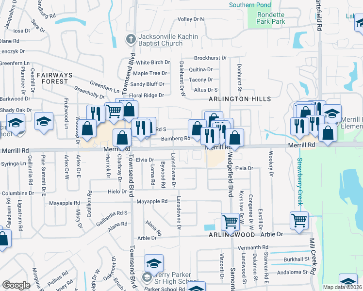 map of restaurants, bars, coffee shops, grocery stores, and more near 7428 Bamberg Road in Jacksonville