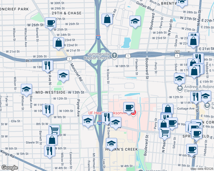 map of restaurants, bars, coffee shops, grocery stores, and more near 923 West 15th Street in Jacksonville