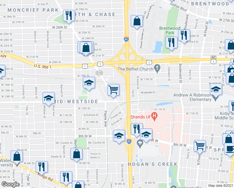 map of restaurants, bars, coffee shops, grocery stores, and more near 2507 Stuart Street in Jacksonville