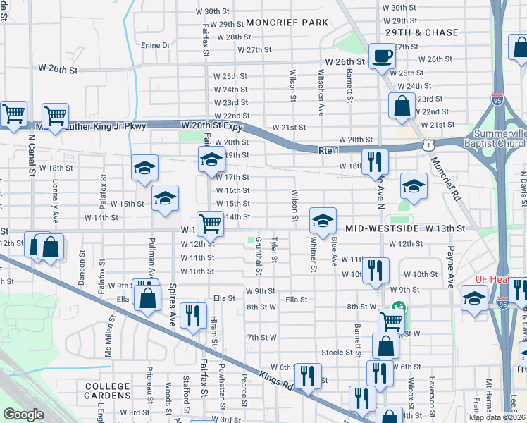map of restaurants, bars, coffee shops, grocery stores, and more near 1594 West 15th Street in Jacksonville