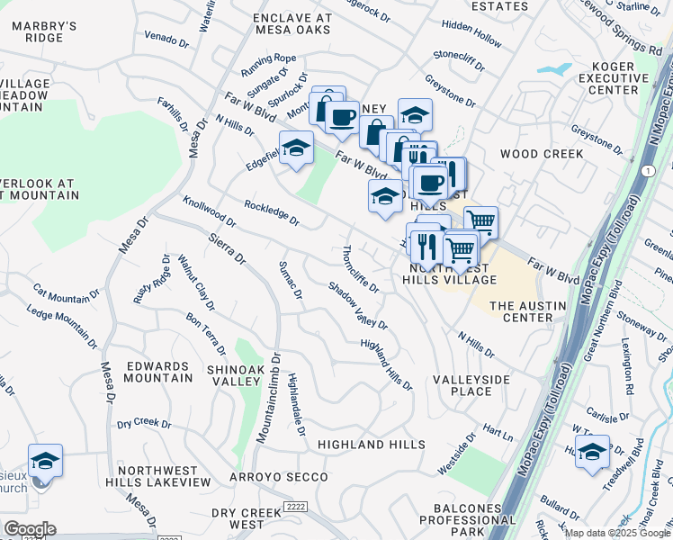 map of restaurants, bars, coffee shops, grocery stores, and more near 3802 Knollwood Drive in Austin