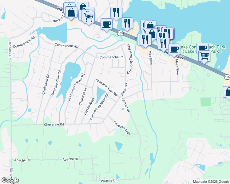 map of restaurants, bars, coffee shops, grocery stores, and more near 1011 Spokane River Road in Montgomery