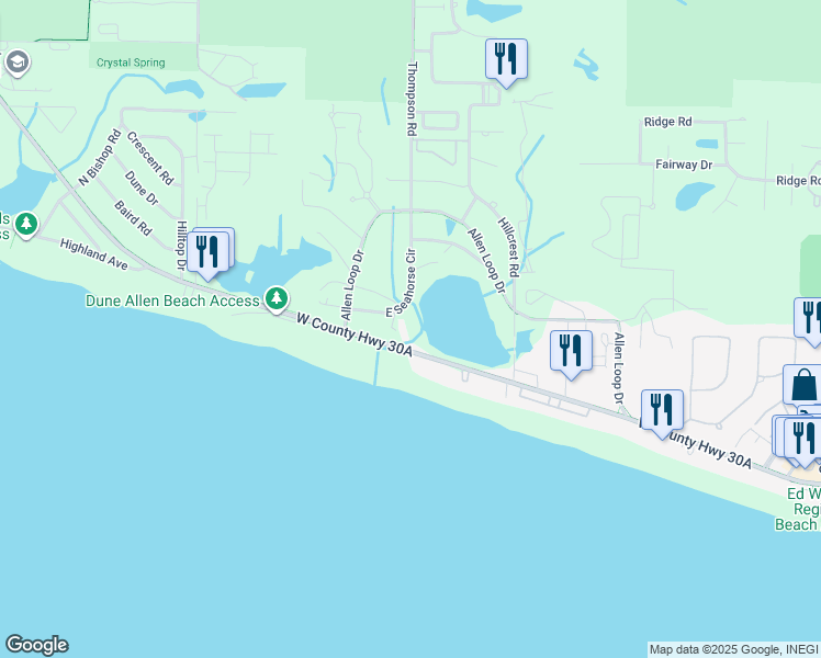 map of restaurants, bars, coffee shops, grocery stores, and more near 15 Sugar Beach Drive in Santa Rosa Beach