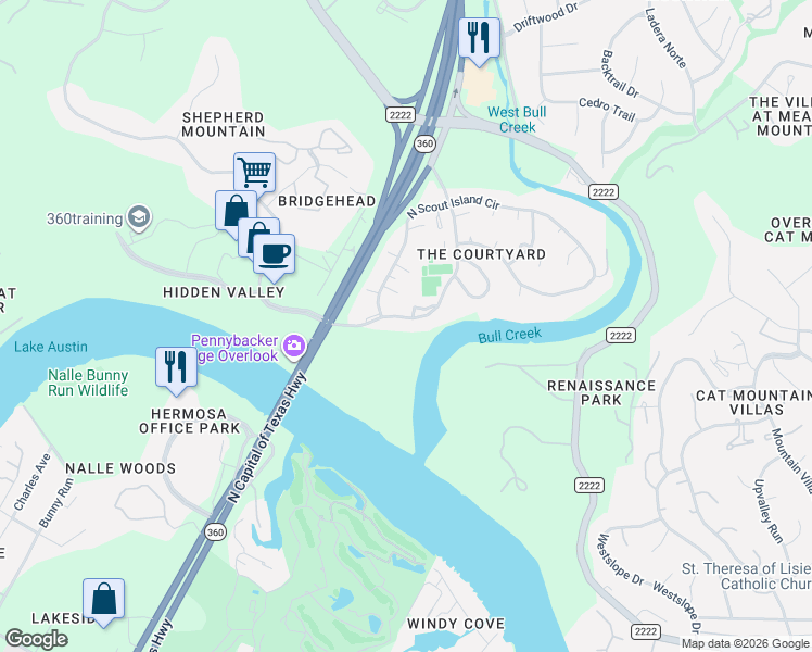 map of restaurants, bars, coffee shops, grocery stores, and more near 5509 Courtyard Drive in Austin