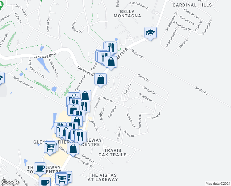 map of restaurants, bars, coffee shops, grocery stores, and more near 30 White Magnolia Circle in Lakeway