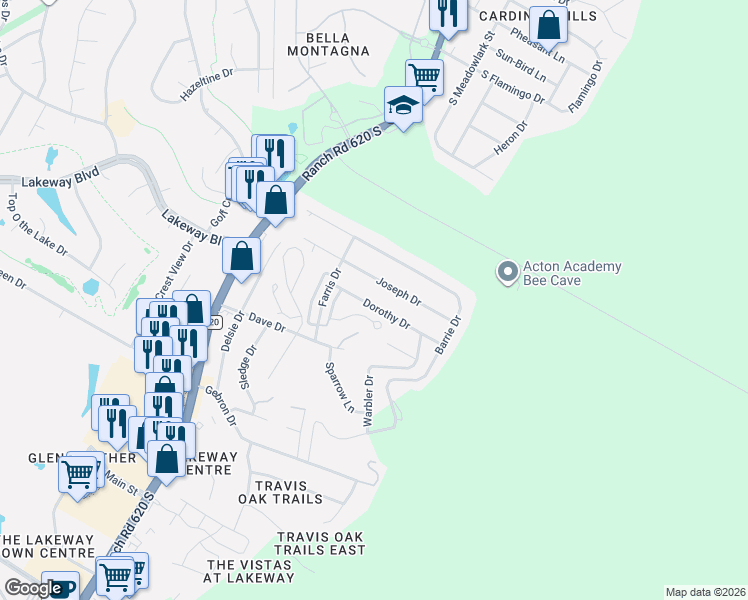 map of restaurants, bars, coffee shops, grocery stores, and more near 15202 Dorothy Drive in Austin