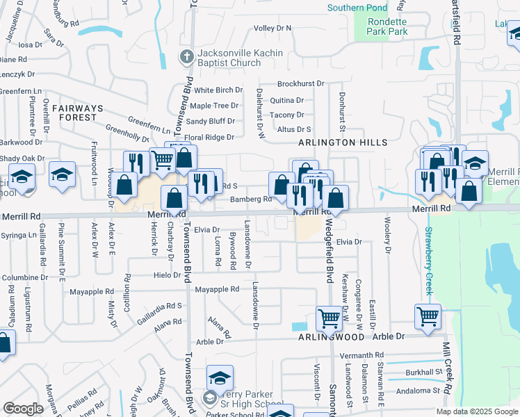 map of restaurants, bars, coffee shops, grocery stores, and more near 7428 Bamberg Road in Jacksonville