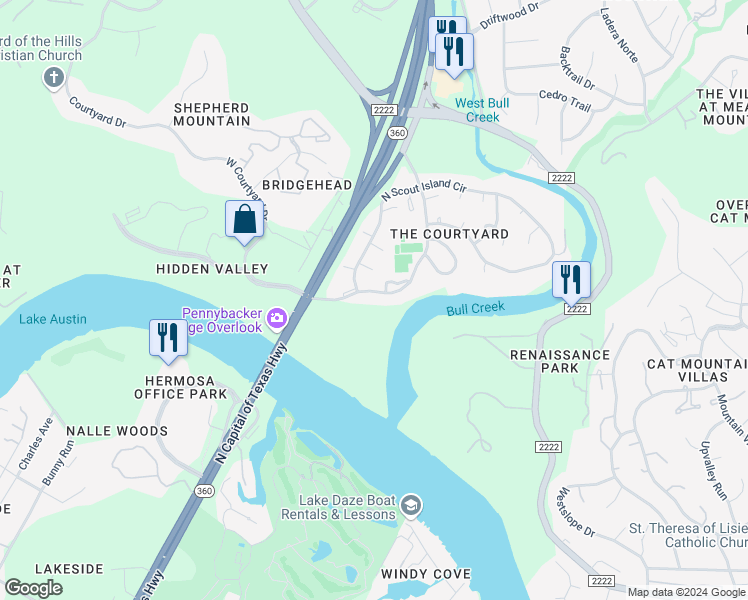 map of restaurants, bars, coffee shops, grocery stores, and more near 5507 Courtyard Drive in Austin