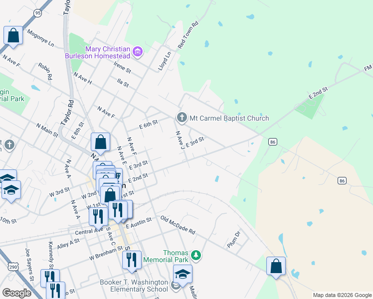 map of restaurants, bars, coffee shops, grocery stores, and more near 216 North Avenue J in Elgin