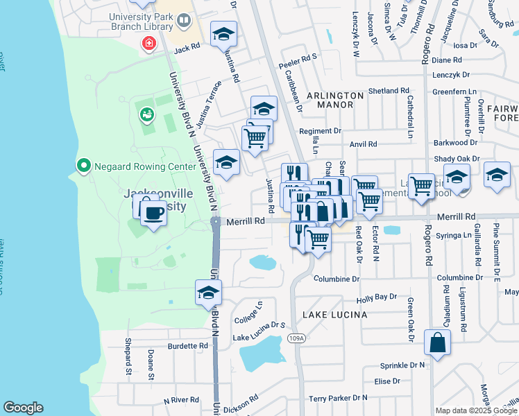 map of restaurants, bars, coffee shops, grocery stores, and more near 5728 Techwood Drive in Jacksonville