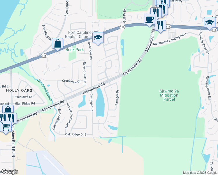 map of restaurants, bars, coffee shops, grocery stores, and more near 11363 Fort Caroline Lakes Drive North in Jacksonville