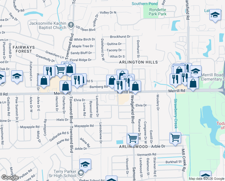 map of restaurants, bars, coffee shops, grocery stores, and more near 7511 Merrill Road in Jacksonville