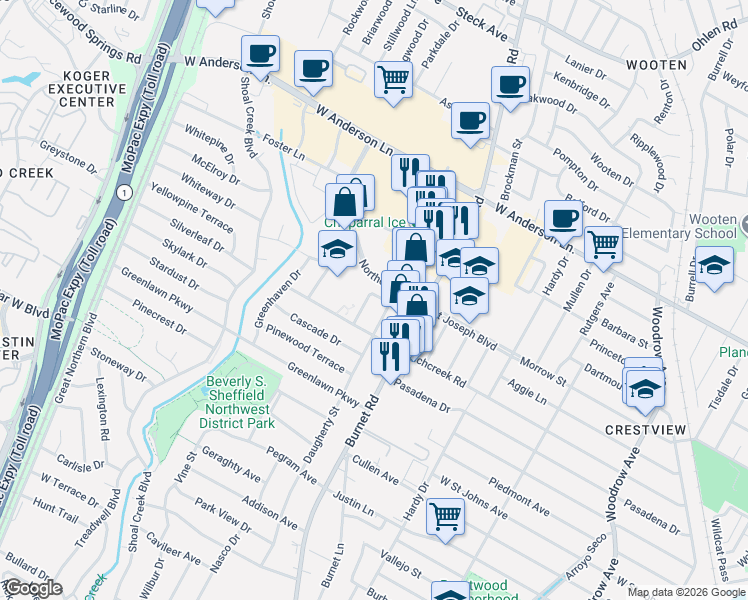 map of restaurants, bars, coffee shops, grocery stores, and more near 7511 Pineleaf Place in Austin