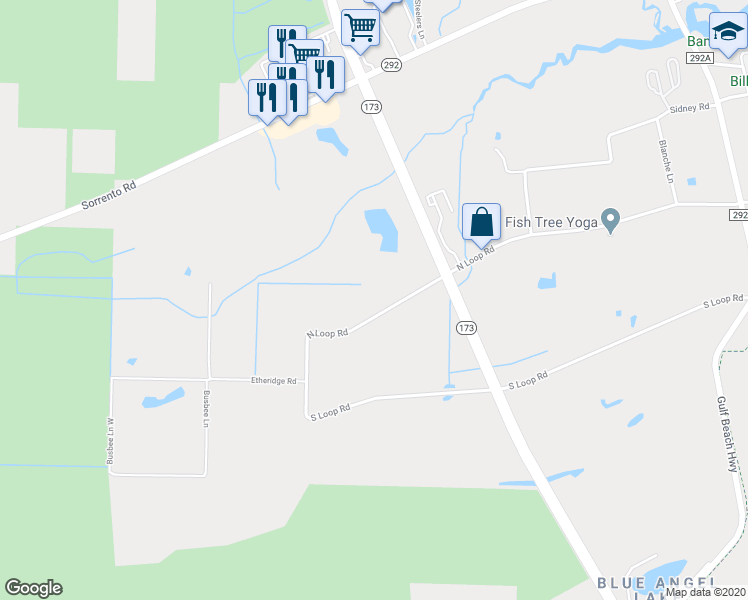 map of restaurants, bars, coffee shops, grocery stores, and more near 10110 North Loop Road in Pensacola