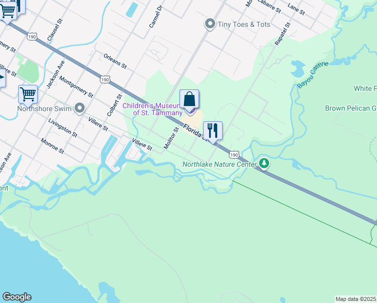 map of restaurants, bars, coffee shops, grocery stores, and more near 804 Dupre Street in Mandeville