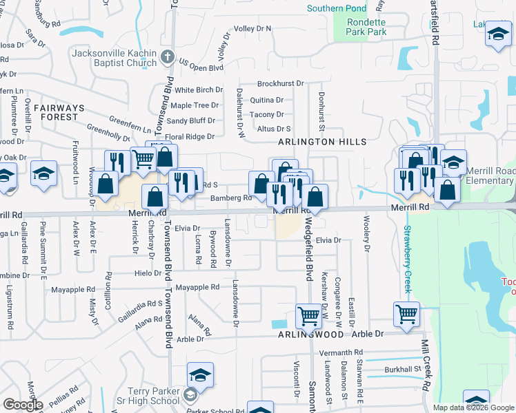 map of restaurants, bars, coffee shops, grocery stores, and more near 7511 Merrill Road in Jacksonville
