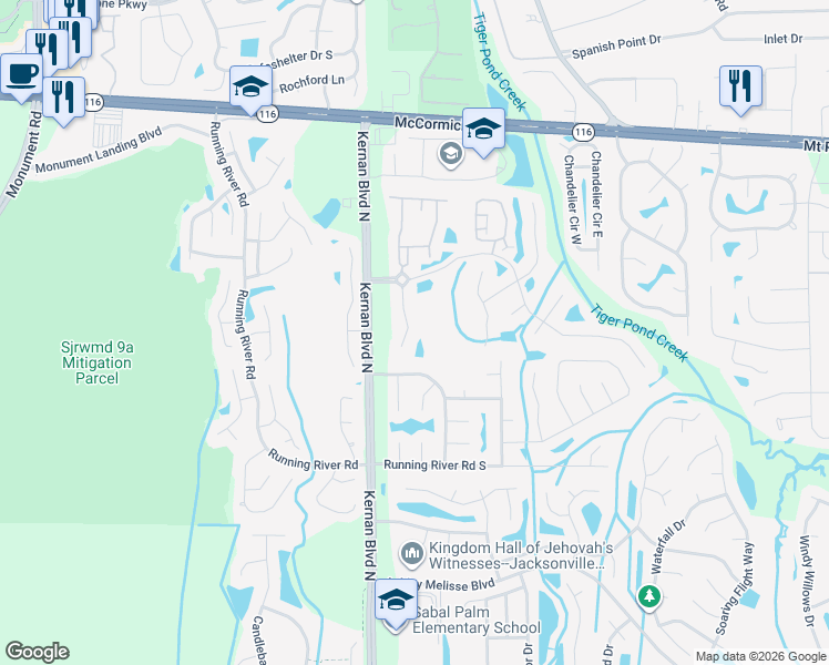 map of restaurants, bars, coffee shops, grocery stores, and more near 1625 Hammock Grove Lane in Jacksonville