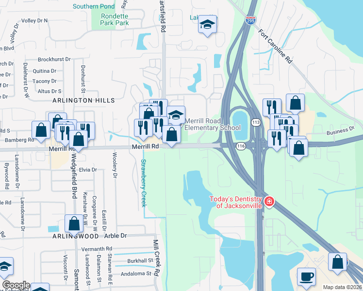 map of restaurants, bars, coffee shops, grocery stores, and more near 2256 Merrill Road in Jacksonville