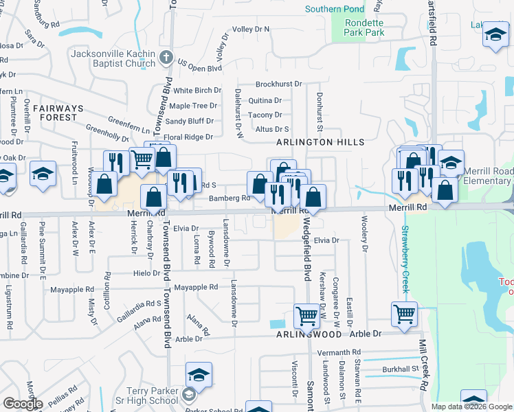 map of restaurants, bars, coffee shops, grocery stores, and more near 7511 Merrill Road in Jacksonville