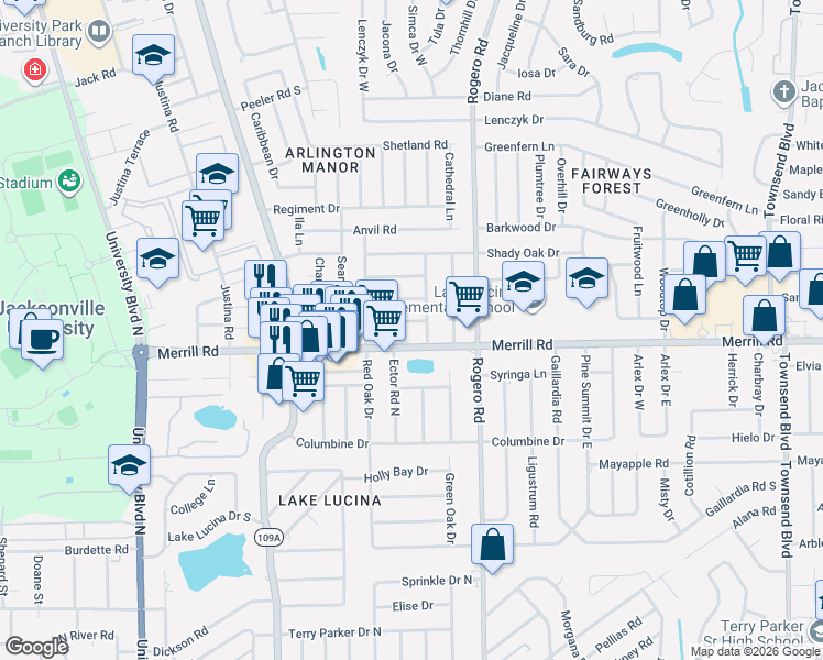map of restaurants, bars, coffee shops, grocery stores, and more near 6238 Ashwood Lane in Jacksonville