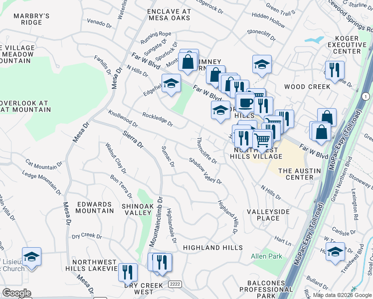 map of restaurants, bars, coffee shops, grocery stores, and more near 3802 Knollwood Drive in Austin