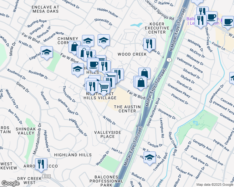 map of restaurants, bars, coffee shops, grocery stores, and more near 3525 Far West Boulevard in Austin