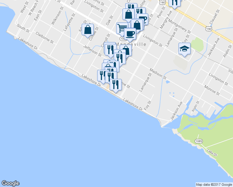 map of restaurants, bars, coffee shops, grocery stores, and more near 1917 Lakeshore Dr in Mandeville