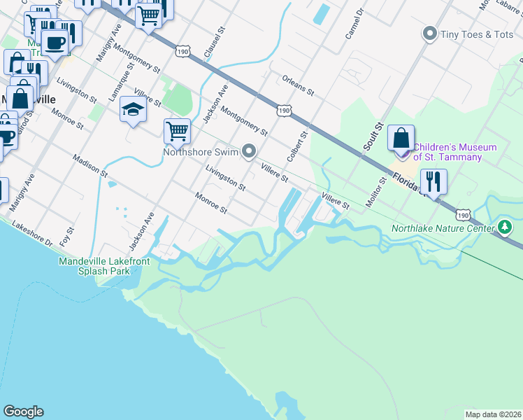 map of restaurants, bars, coffee shops, grocery stores, and more near 596 Colbert Street in Mandeville