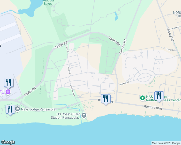 map of restaurants, bars, coffee shops, grocery stores, and more near 80 Hovey Road in Pensacola