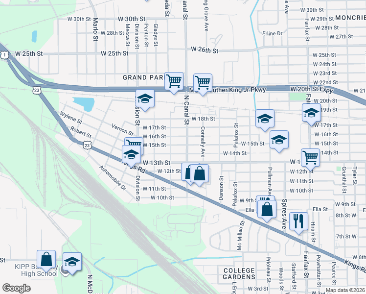 map of restaurants, bars, coffee shops, grocery stores, and more near 2208 West 15th Street in Jacksonville