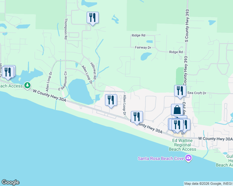 map of restaurants, bars, coffee shops, grocery stores, and more near 11 Maritime Way in Santa Rosa Beach