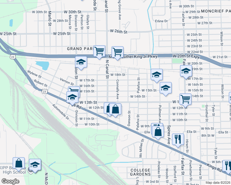 map of restaurants, bars, coffee shops, grocery stores, and more near 2152 West 15th Street in Jacksonville