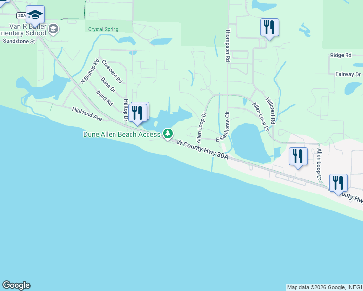 map of restaurants, bars, coffee shops, grocery stores, and more near 5689 County Road 30A in Santa Rosa Beach