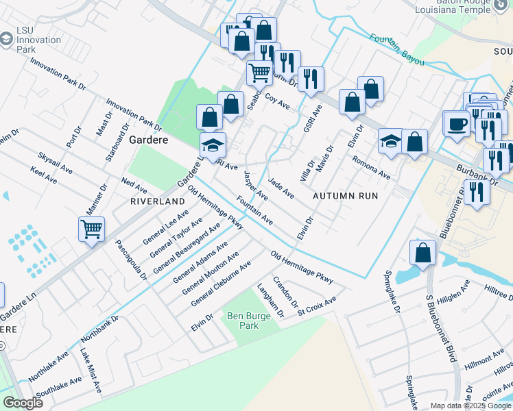 map of restaurants, bars, coffee shops, grocery stores, and more near 1785 Fountain Avenue in Baton Rouge