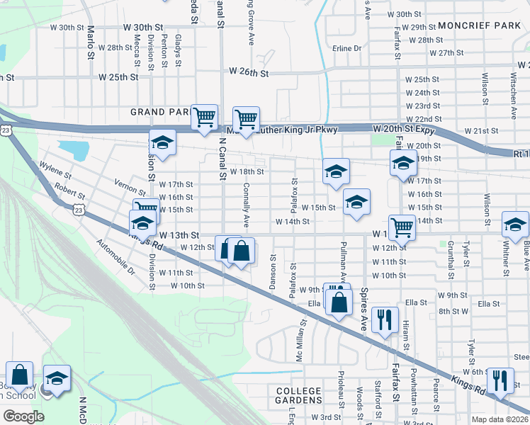 map of restaurants, bars, coffee shops, grocery stores, and more near 2108 West 15th Street in Jacksonville
