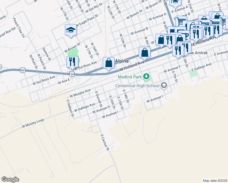 map of restaurants, bars, coffee shops, grocery stores, and more near 1100-1198 West Avenue F in Alpine