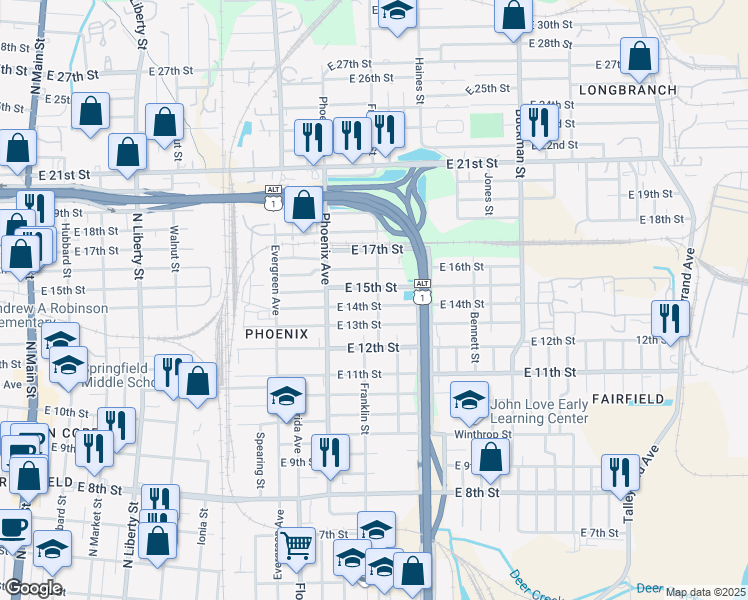 map of restaurants, bars, coffee shops, grocery stores, and more near 1177e East 14th Street in Jacksonville