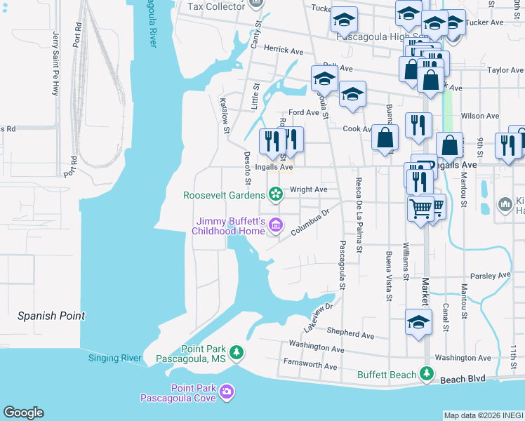 map of restaurants, bars, coffee shops, grocery stores, and more near 615 Mc Kinley Avenue in Pascagoula