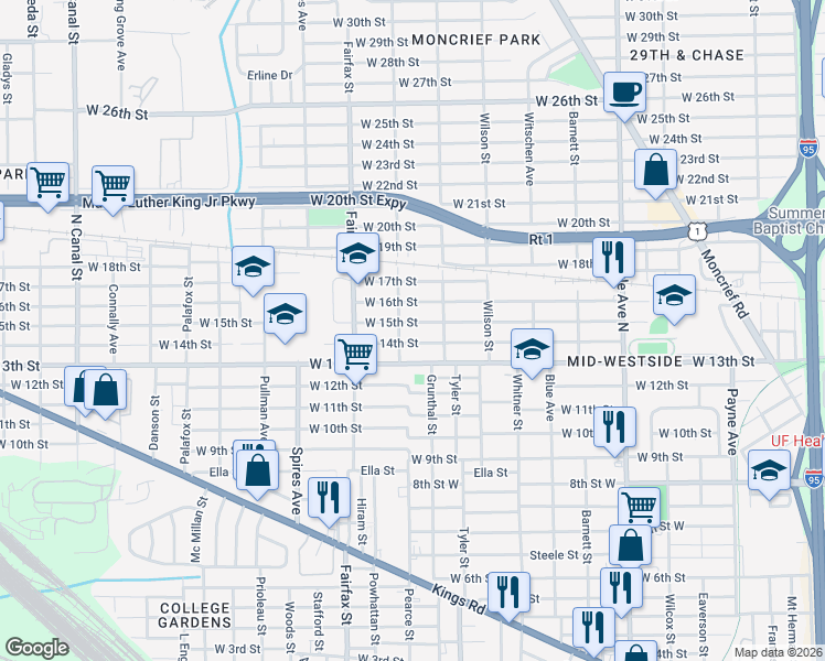 map of restaurants, bars, coffee shops, grocery stores, and more near 1650 West 15th Street in Jacksonville